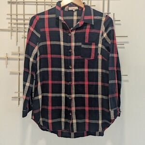 Orange Creek Plaid Button Down Shirt Navy Red Tan Long Sleeve Cotton Women Sz M